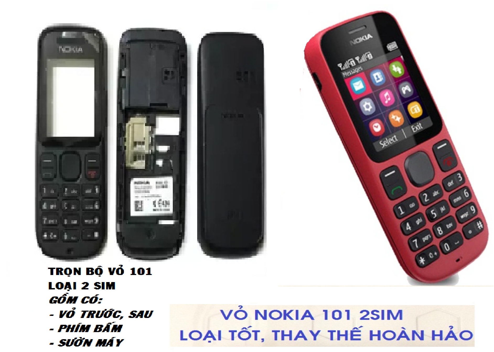 TRỌN BỘ VỎ 101 - 2SIM (VỎ, PHÍM, SƯỜN)