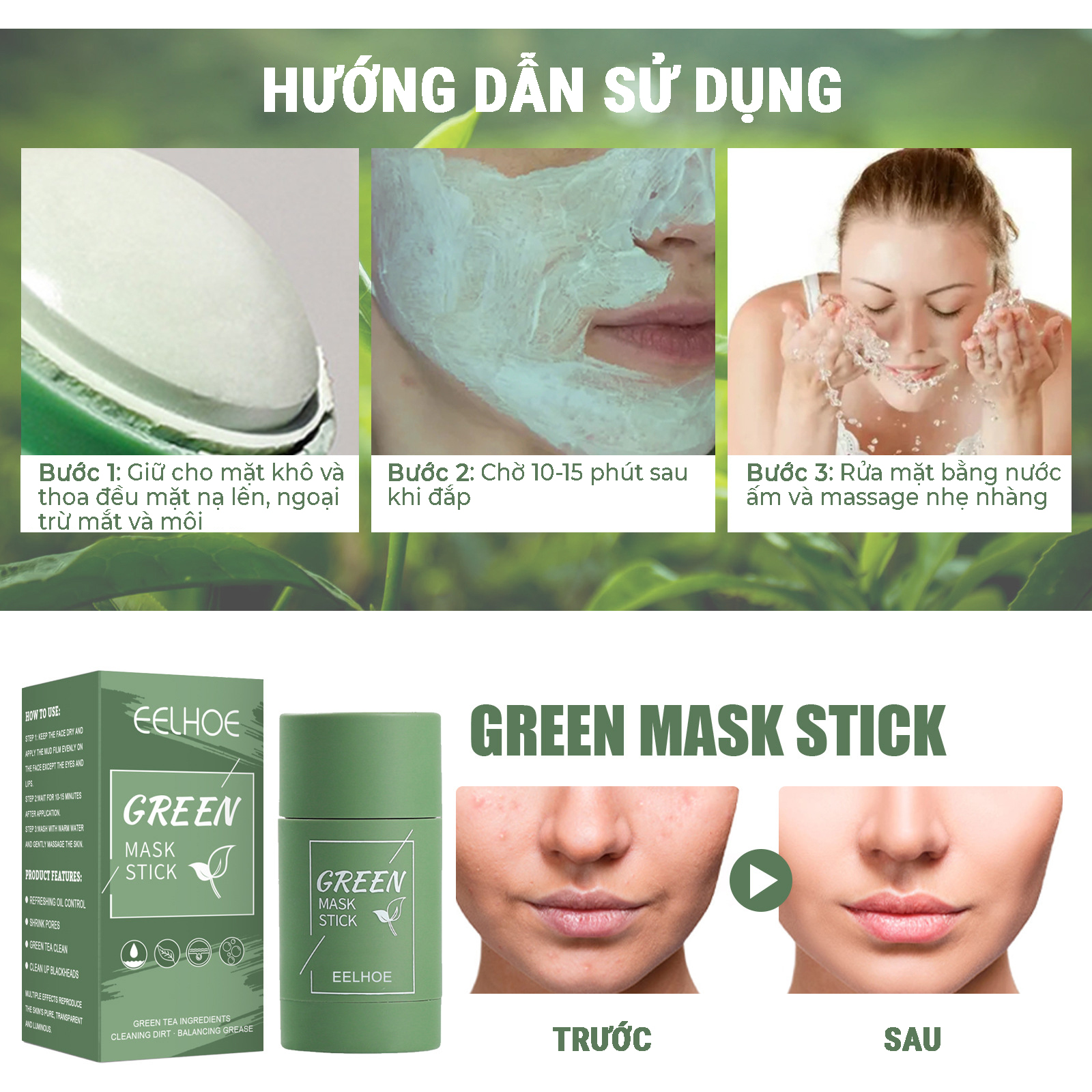 Mặt nạ trà xanh dạng lăn GREEN MASK STICK Thanh lăn mặt nạ trà xanh Green mask stick - Cam Kết Chính hãng 66g