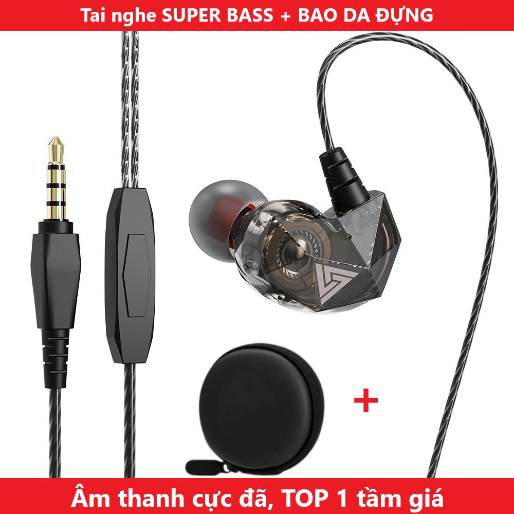 Tai nghe chống ồn nhét tai có dây SUPER BASS QKZ AK2 có mic đàm thoại kèm BAO DA đựng cao cấp jack cắm 3.5 tương thích điện thoại máy tính bảng laptop pc