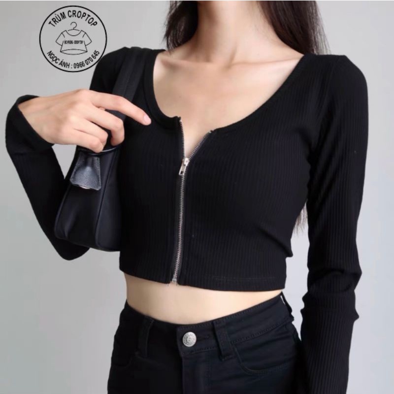 Áo croptop tay dài dây kéo , áo croptop nữ