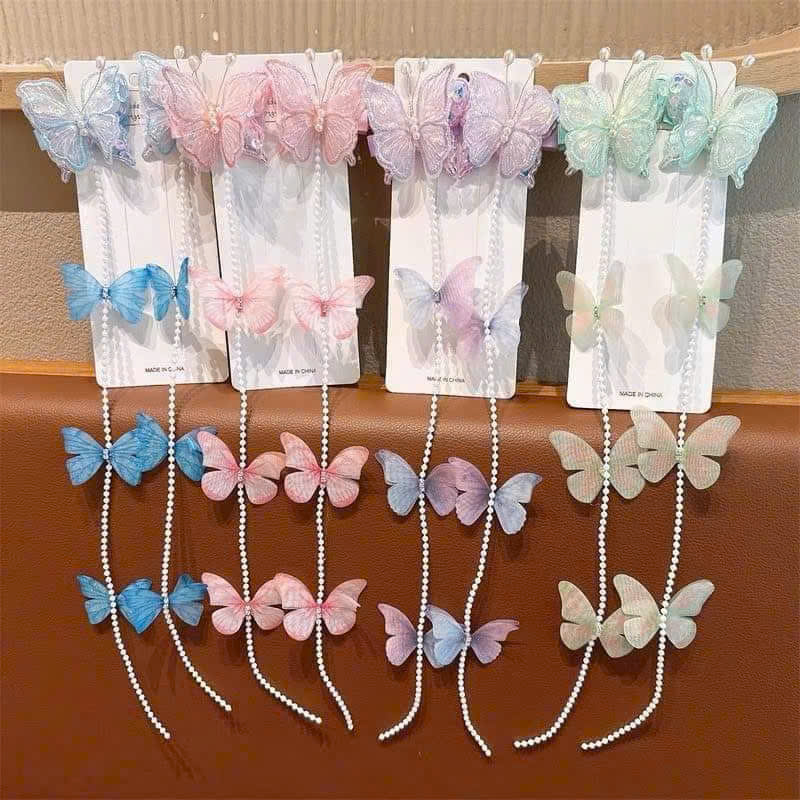 Set 2 kẹp tóc dây chuỗi ngọc bướm nhiều màu siêu cute cho bé