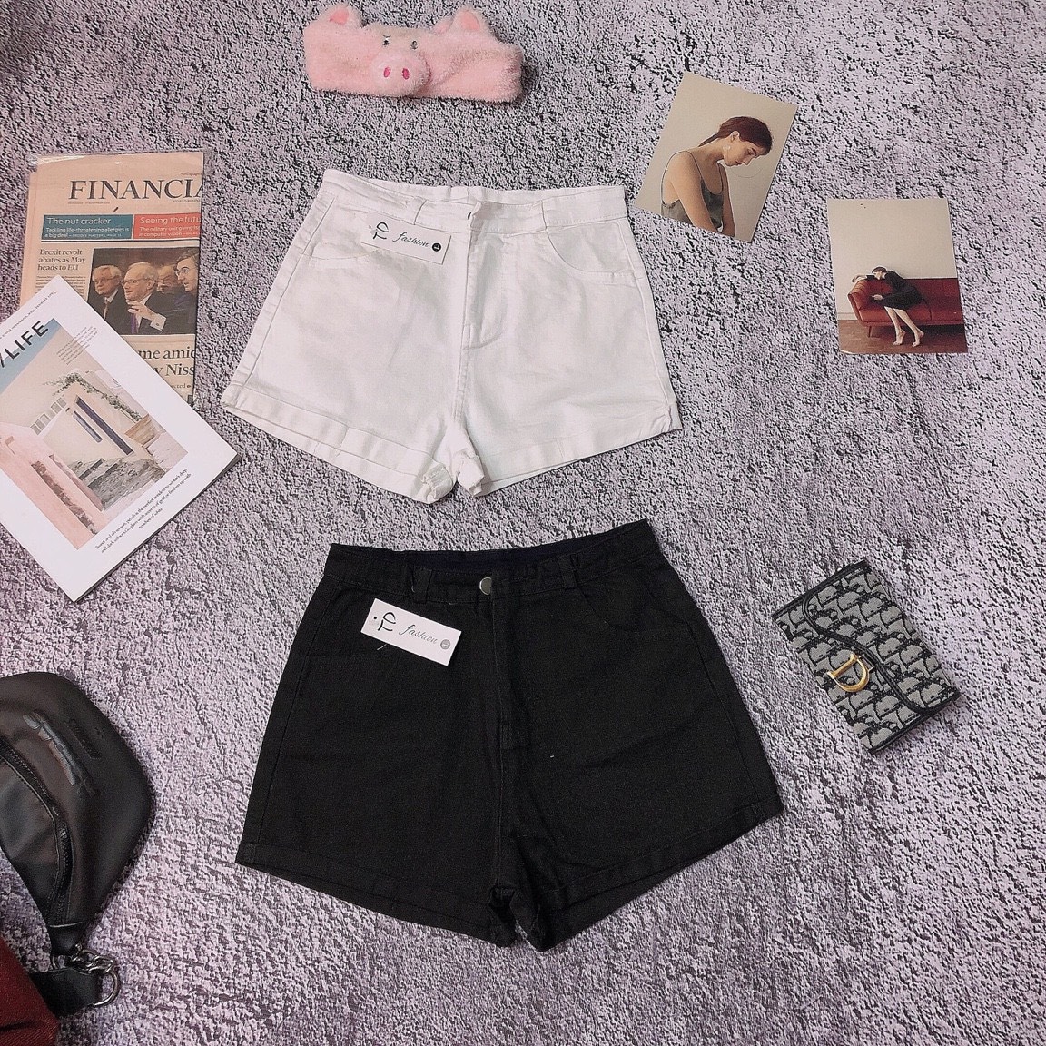 Quần short nữ kaki thun co giãn lưng cao lật lai tối giản đủ size S M L 2 màu đen trắng TU
