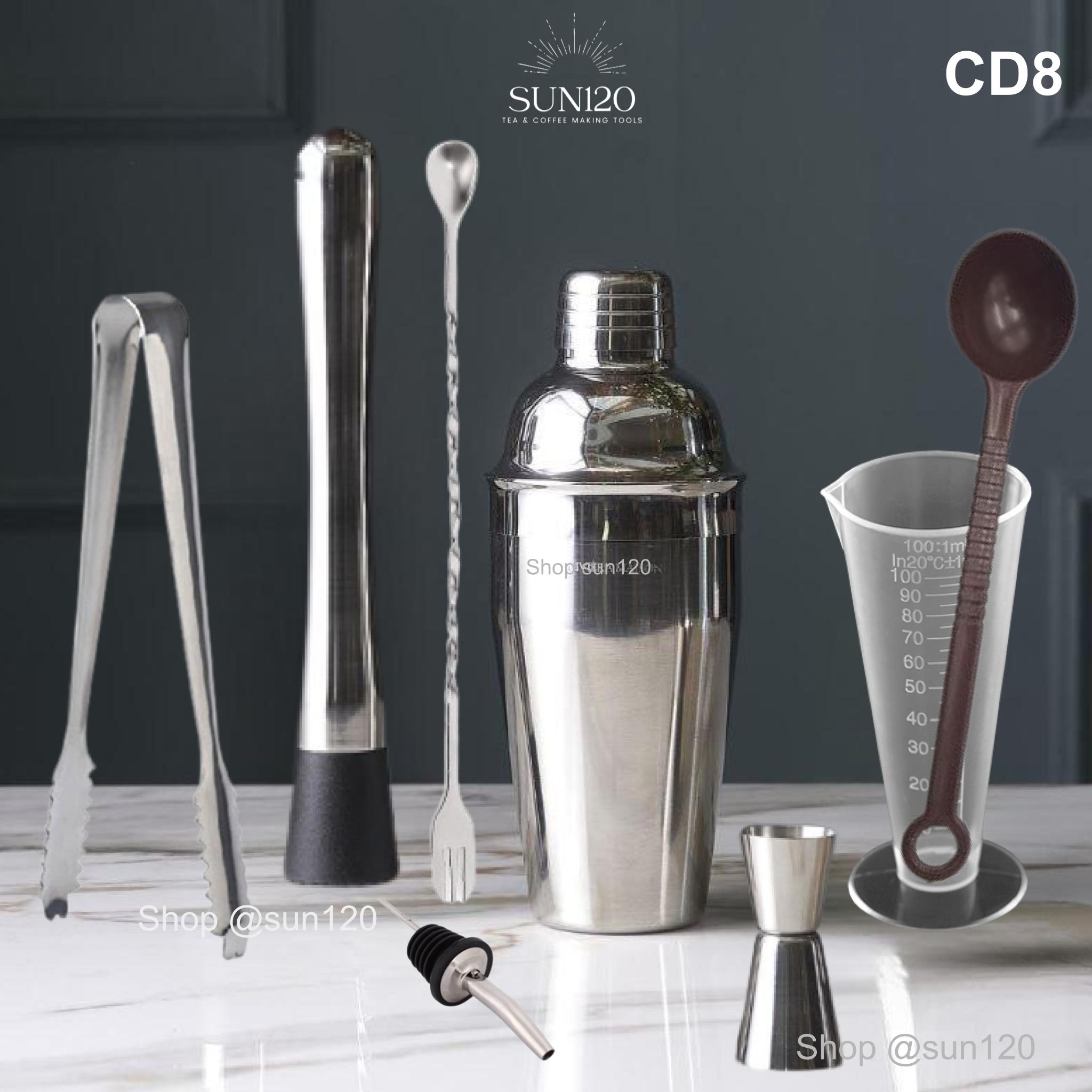 Bộ 8 dụng cụ pha chế cafe cocktail trà sữa CD8 inox cocktail shaker set 550ml