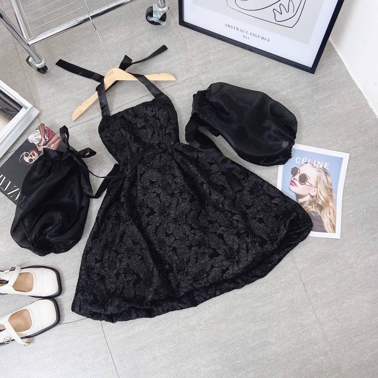 Váy cổ yếm gấm xốp tiểu thư tay bồng có thể tháo rời, váy babydoll họa tiết hoa dập nổi 2 màu sang chảnh xuongmaythuhien