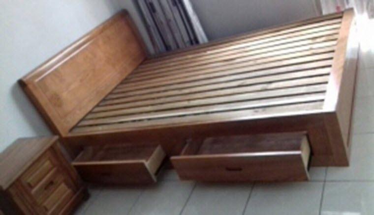 Giường gỗ sồi hộc kéo màu xoan đào