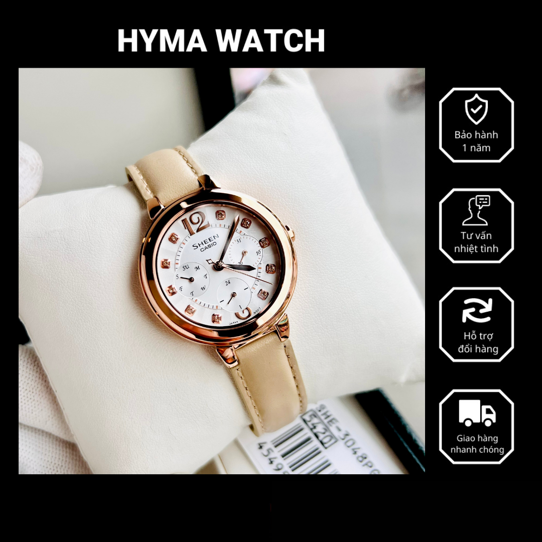 Đồng hồ nữ cao cấp casio sheen she 3048pgl-7b dây da mặt trắng 6 kim - size 34mm bảo hành 1 năm hyma watch