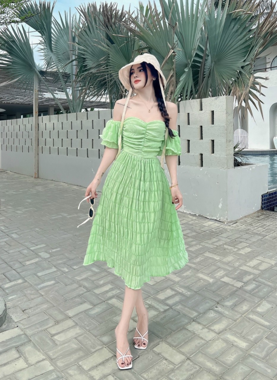 Đầm Váy Nữ Xốp Trễ Vai Nhún ngực (có mút & lót)