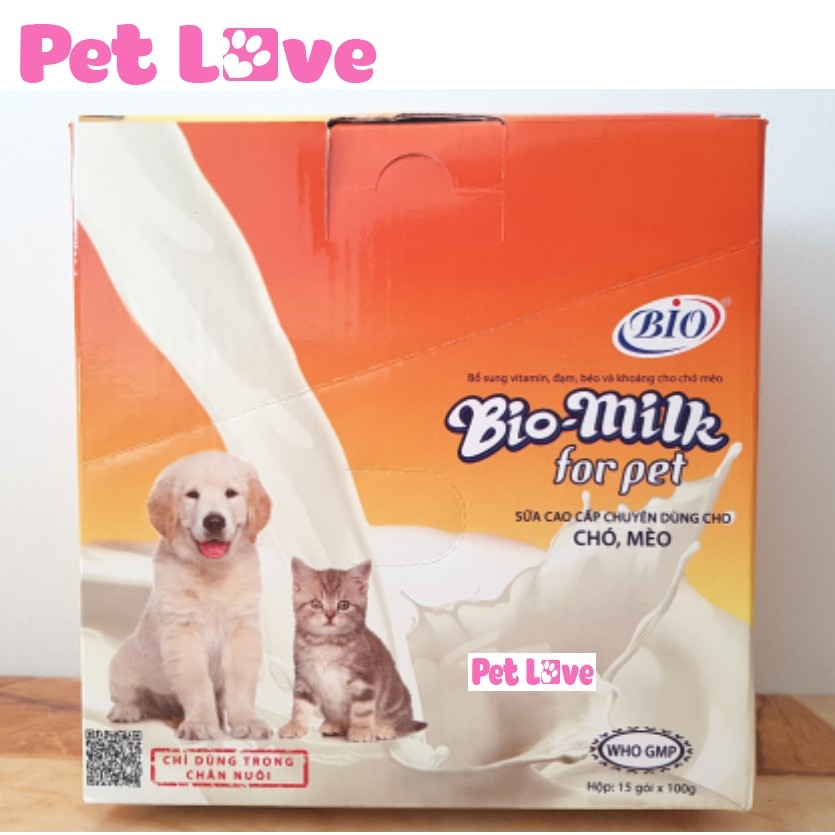 1 hộp (15 gói) sữa Bio Milk cho chó mèo con, thú bệnh, ốm yếu và còi cọc (100g/ gói)