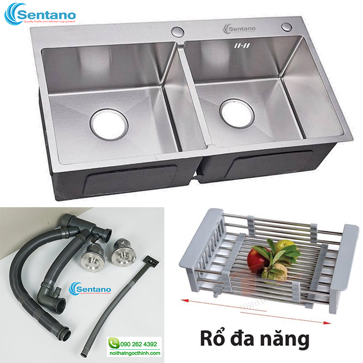 [SALE RẺ] Chậu rửa chén đúc 2 hố SENTANO inox 304( 8245 CÂN) tặng bộ xả chống hôi và khay đa năng