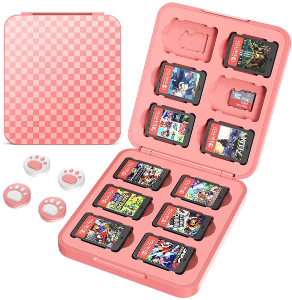 HEYSTOP Vỏ thẻ trò chơi tương thích với Trò chơi Nintendo Switch, Hộp bảo vệ lưu trữ 12 khe cắm, Túi lưu trữ công tắc vỏ bảo vệ mỏng và di động với 4 khoảng trống ngón tay cái Joy-Con, Màu hồng