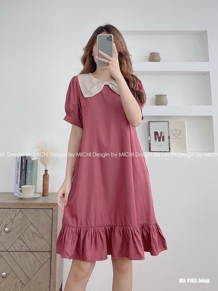 [HOÀN TIỀN ĐẾN 15%]váy suông nữ cổ nơ tay bồng chất đũi