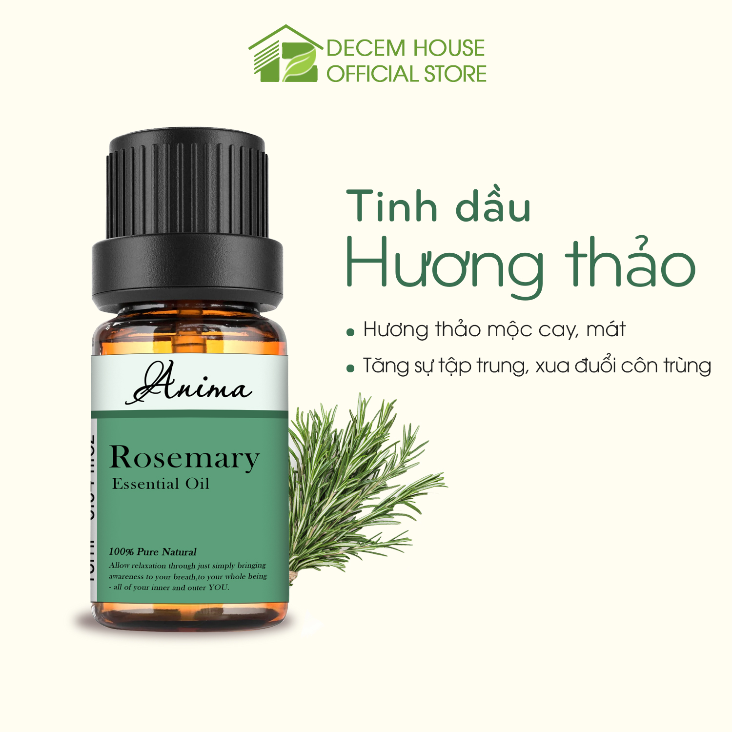 Tinh dầu xông phòng Hương thảo cao cấp Anima. Tinh dầu thơm phòng giúp thư giãn, khử mùi, đuổi muỗi, thơm phòng, tinh dầu xông phòng, kháng khuẩn, xông mũi