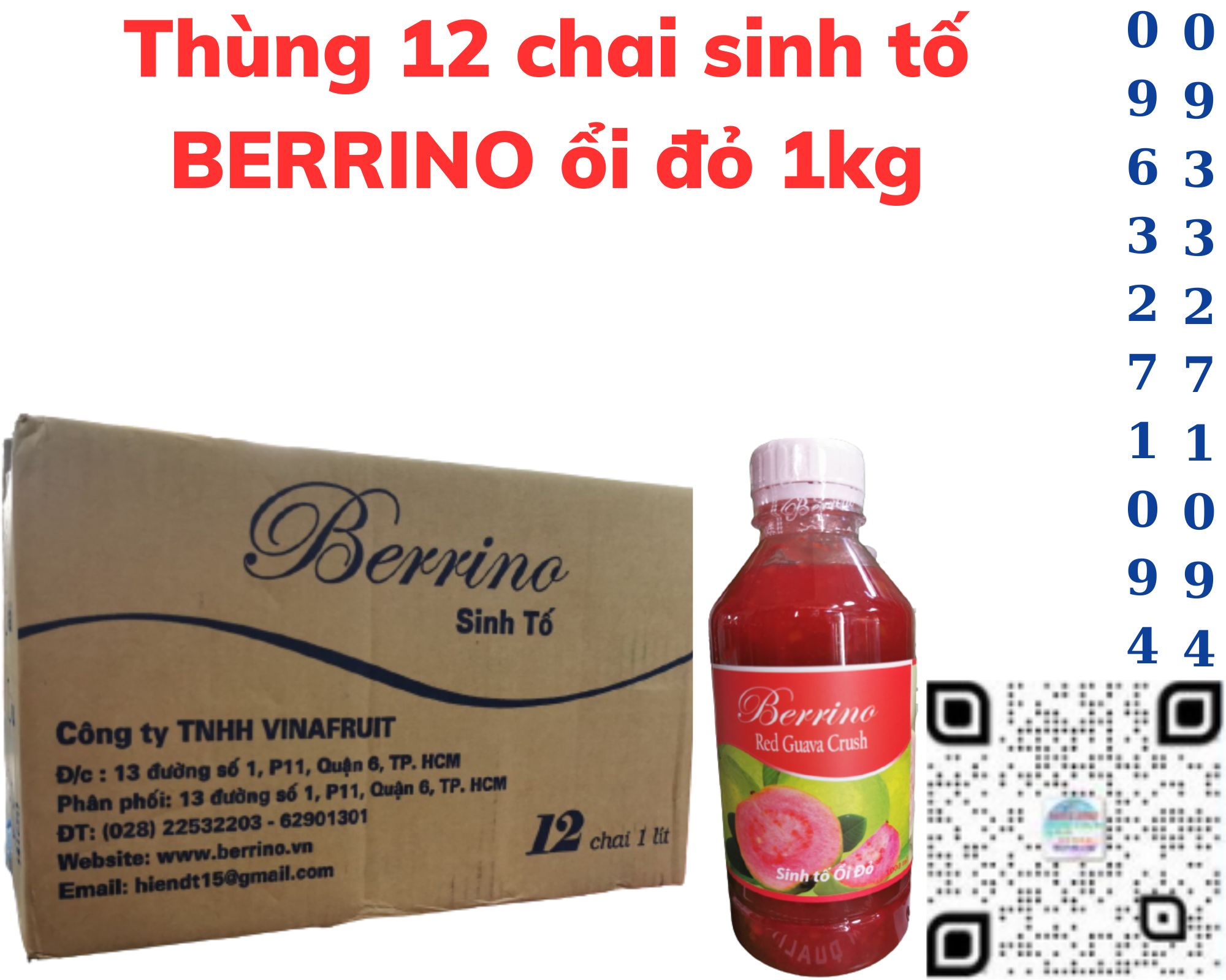 Thùng 12 chai sinh tố BERRINO ổi đỏ 1kg Combo 3 chai sinh tố BERRINO red