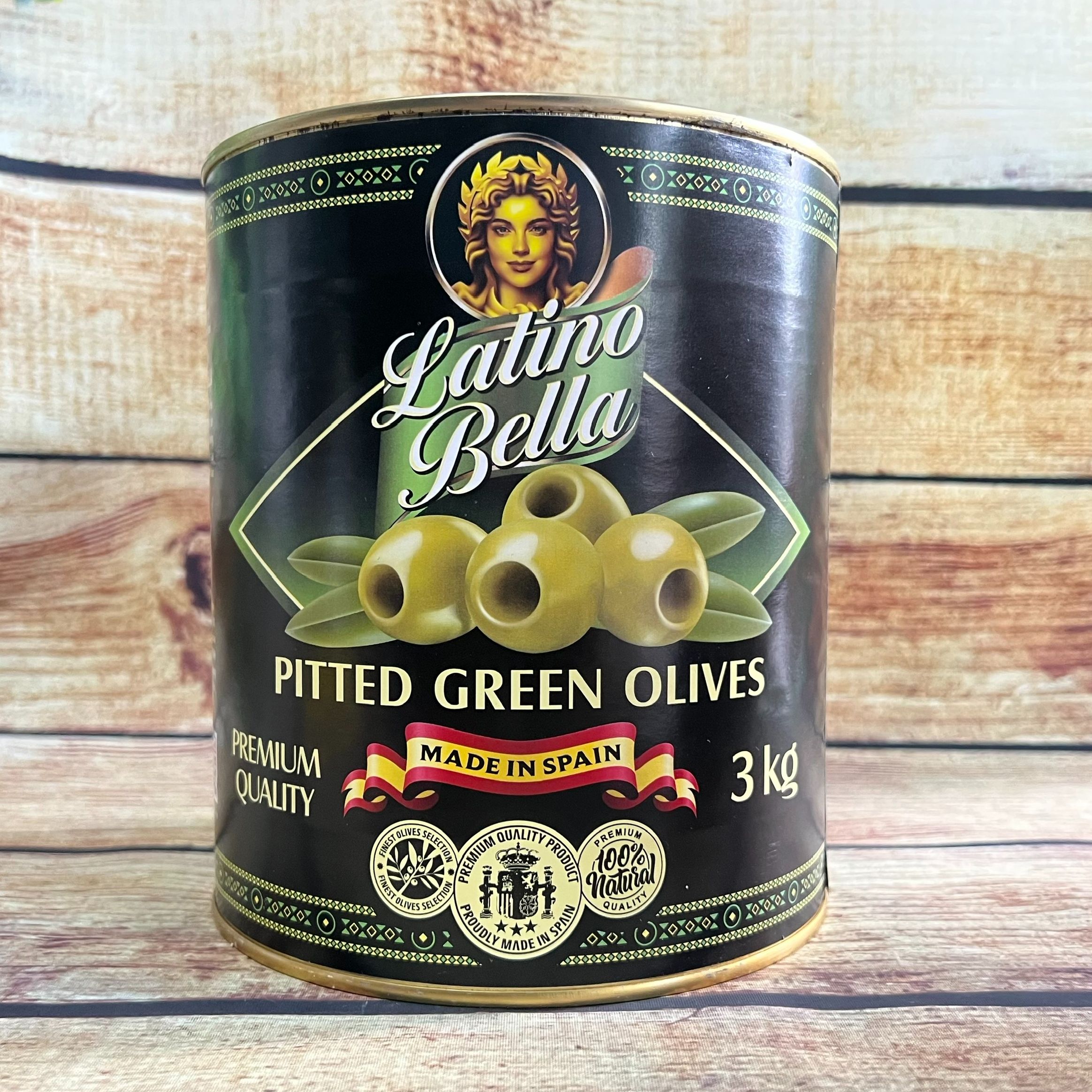 Quả Oliu Xanh Latino Bella tách hạt Pitted Black Olives hộp 3KG - Todayfoods