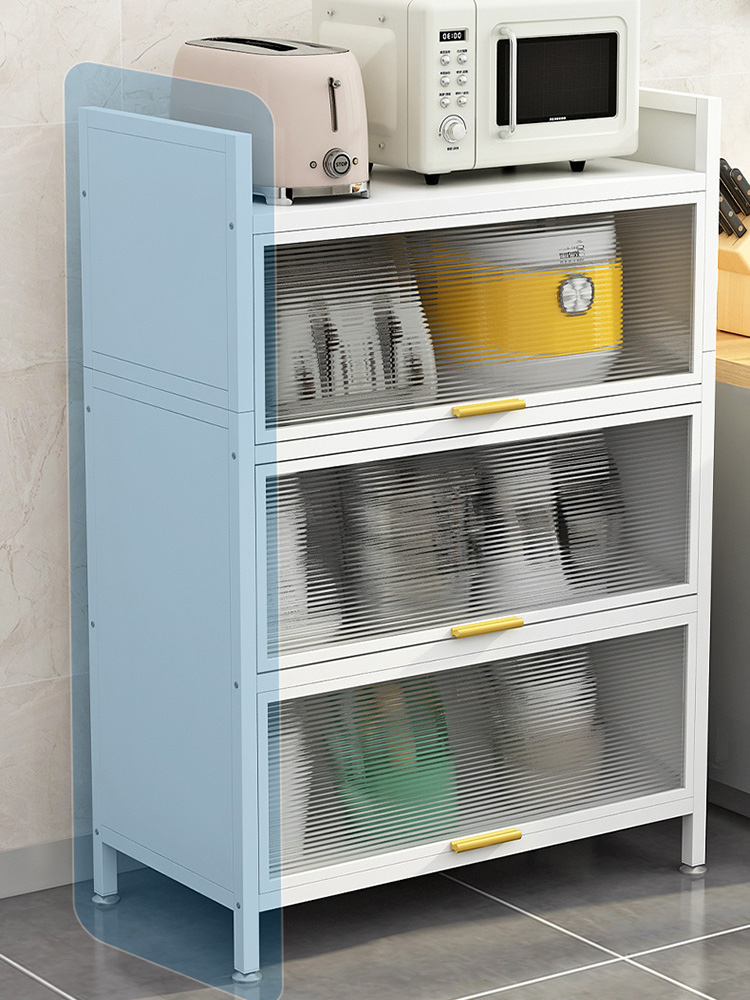 Flip lid kitchen with door, floor-to-ceiling multi-storey shelves, microwave oven, dustproof, multi-functional storage cabinet