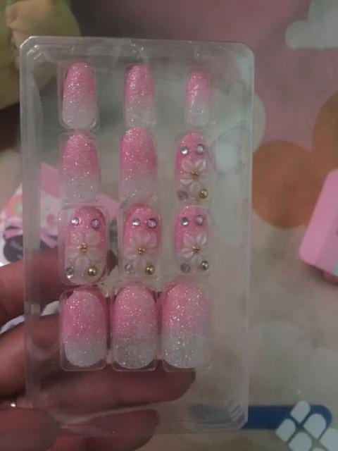 Bộ 24 Móng tay giả Hồng Đính Đá Đẹp (kèm dũa+keo dán sẵn)