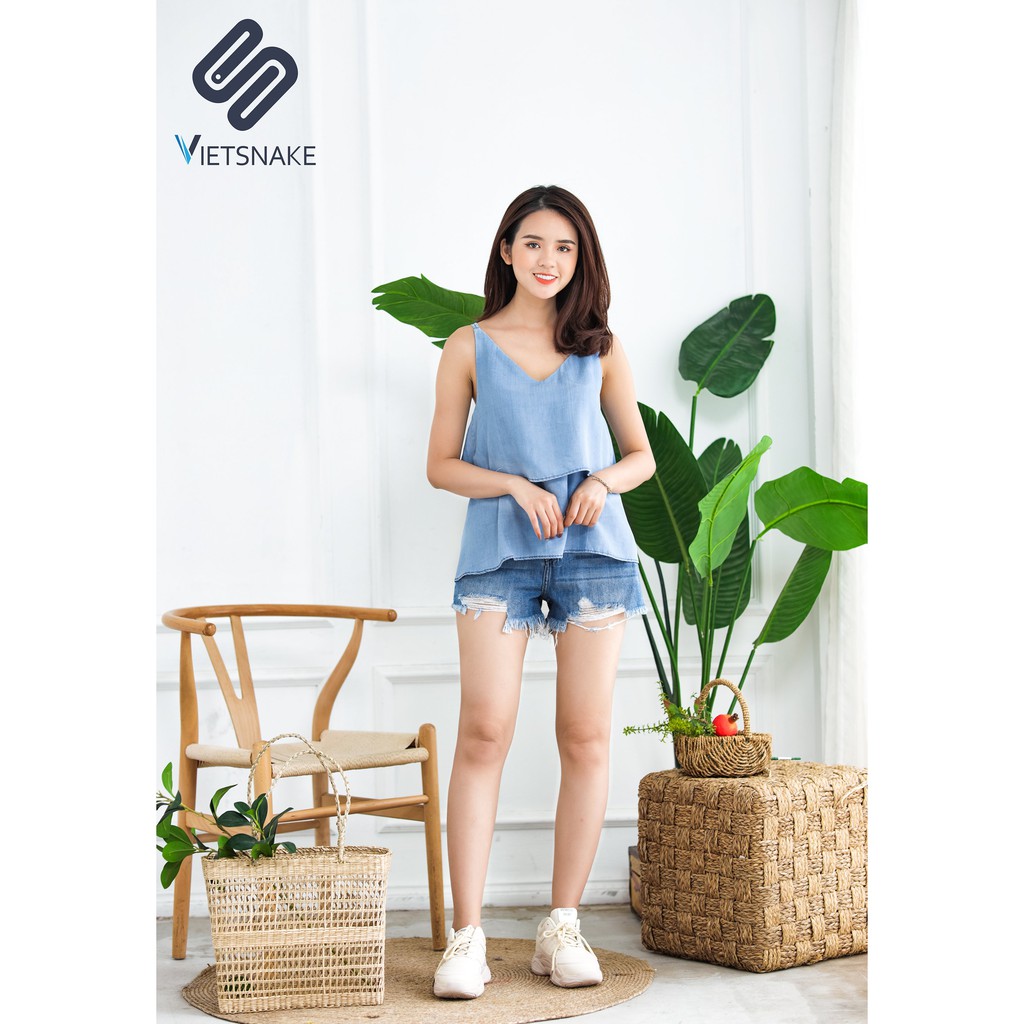 [KÈM ẢNH THẬT] Áo jeans lụa 2 dây bèo tầng