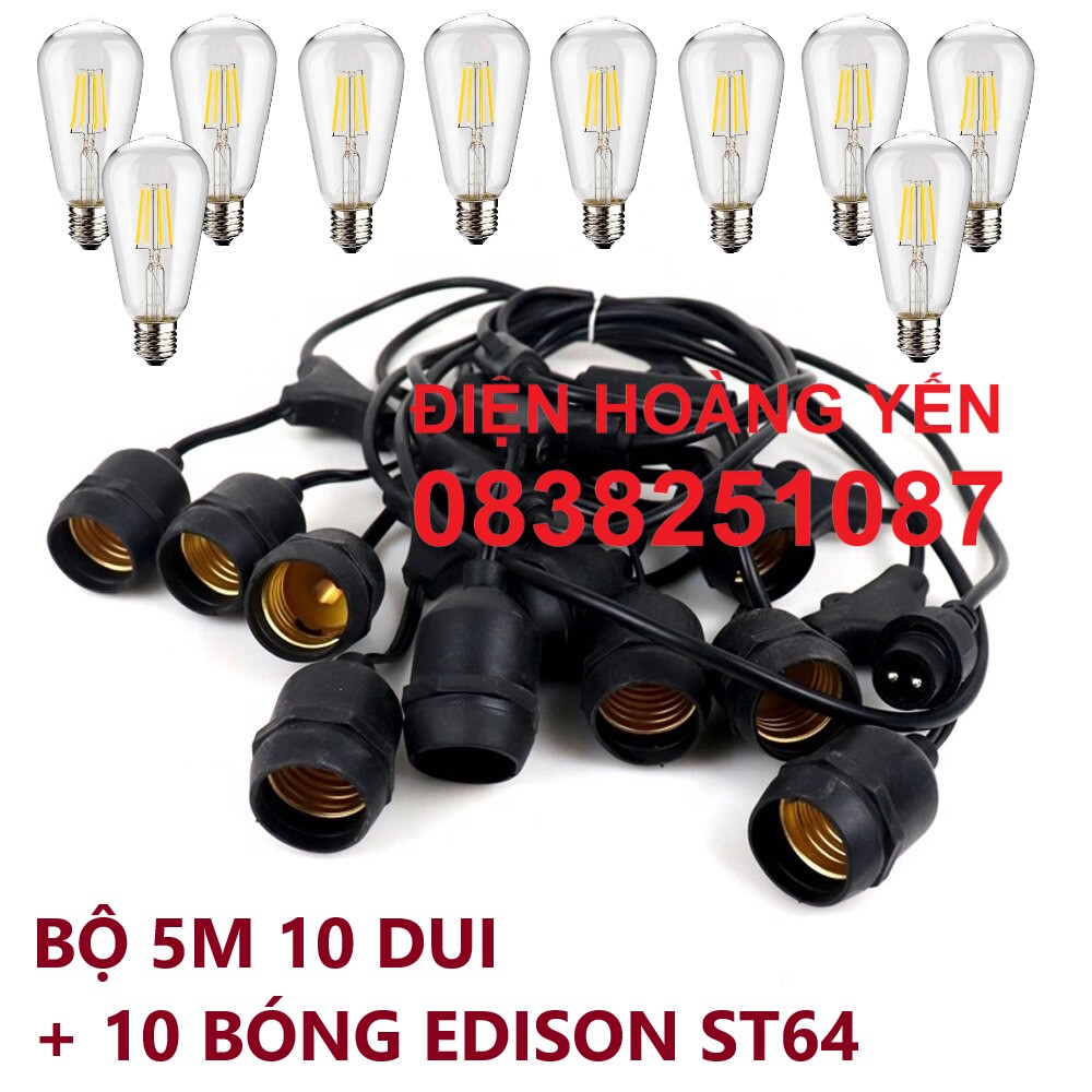 Combo bộ đui đèn liên dây 5m 10 đui trang trí ngoài trời kèm bóng led edison st64