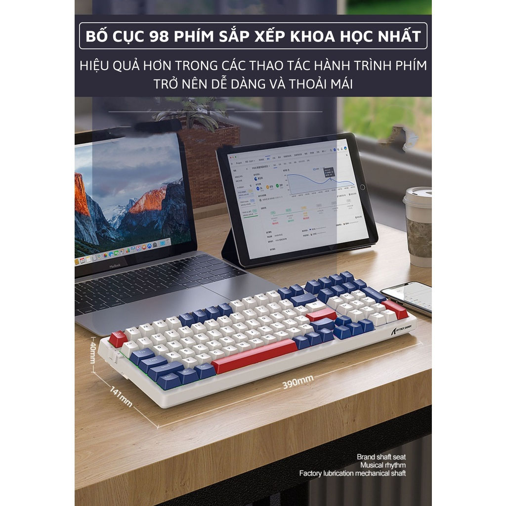 Bàn Phím Cơ Máy Tính Kết Nối Không Dây, Có Dây Cao Cấp K98BT Led RGB Nhiều Chế Độ Full Size Phím Cắt CNC Xuyên Sáng