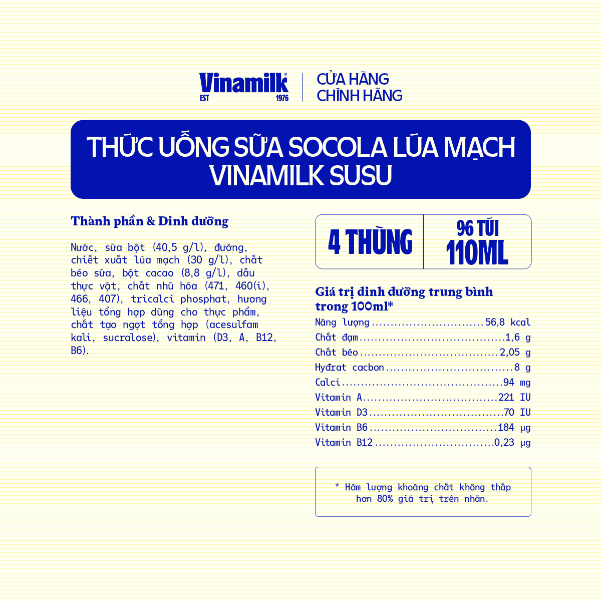 4 Thùng Thức uống Sữa Socola Lúa Mạch Vinamilk Susu Túi 110ml - 24 túi/Thùng