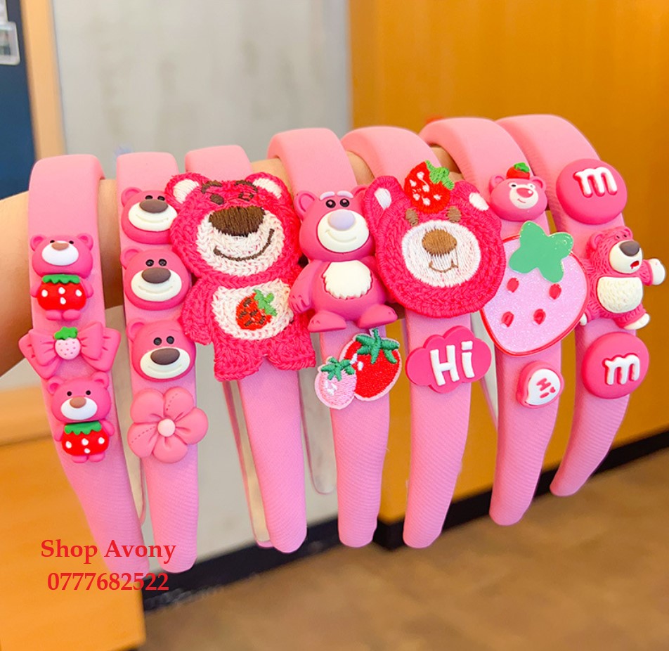 Cài tóc - Bờm tóc vài màu hồng đính icon gấu dâu (Lotso)