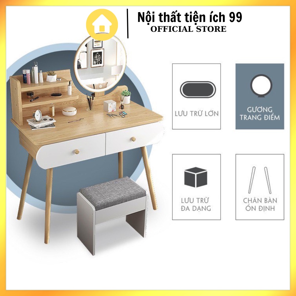 Bàn trang điểm đèn led gương viền decor Phong Cách Bắc Âu Chân Gỗ Tự Nhiên Kiểu Dáng Hiện Đại sang trọng kèm ghế