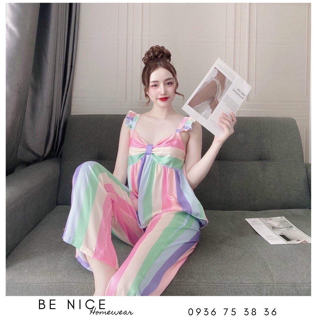 Set lụa dài mặc nhà nơ tay cánh tiên