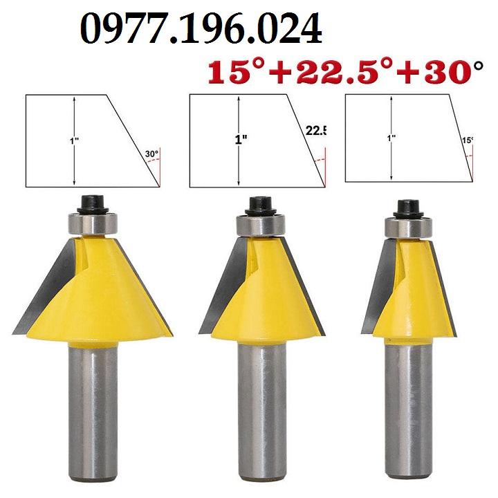 Bộ 3 mũi phay gỗ vát góc chéo 15 độ , 22,5 đô , 30 độ