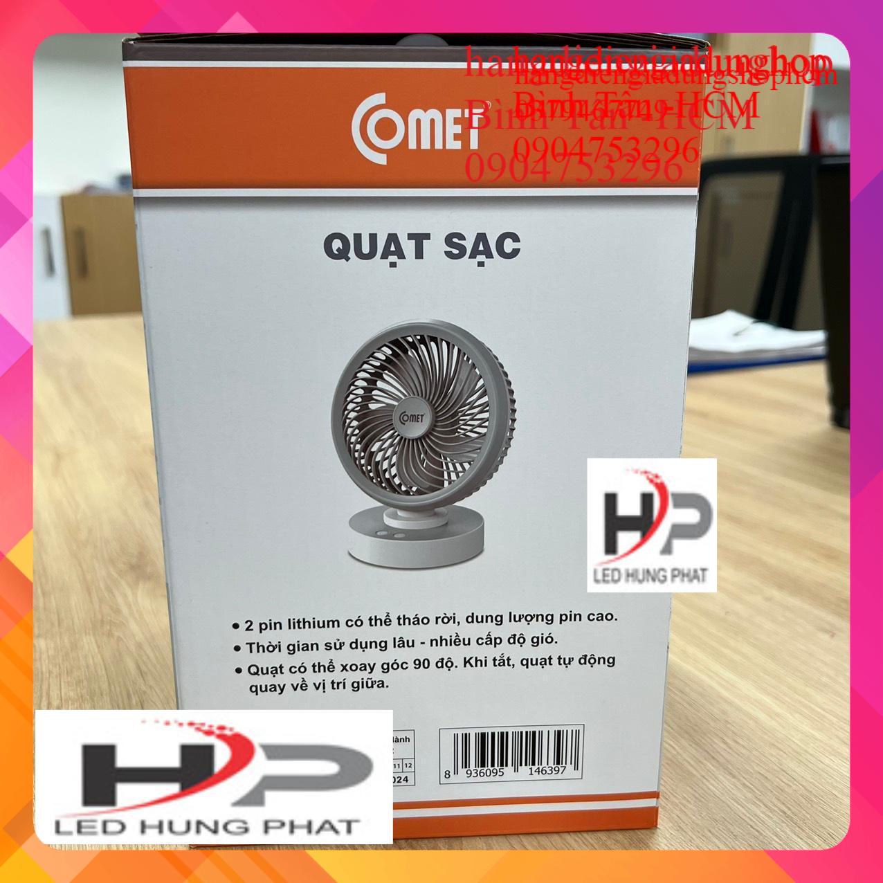 Quạt sạc comet crf1506 7w, 2 pin sạc rời, 4 cấp độ gió, xoay 90 độ, bảo hành 12 tháng.