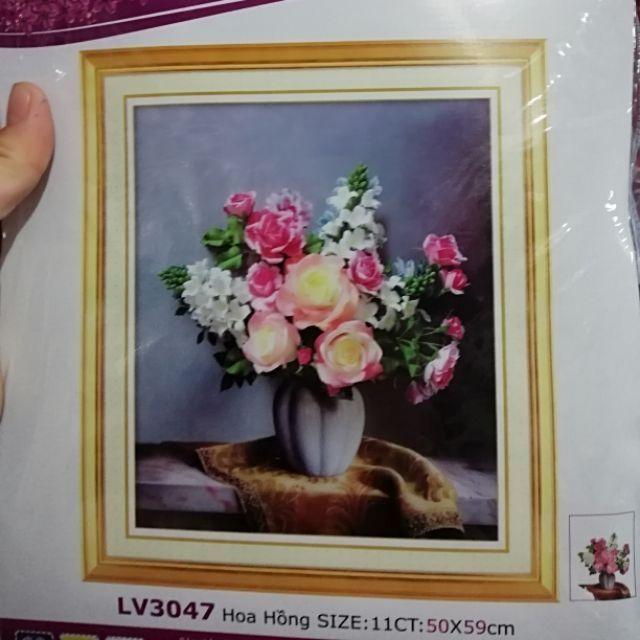 Tranh thêu chữ thập 3D Bình Hoa (50x58cm)