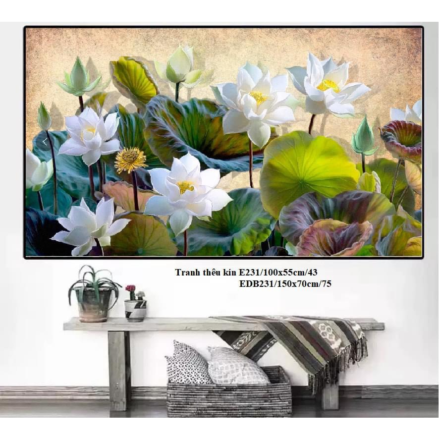 Tranh thêu chữ thập hoa sen , đầm hoa sen e231 /edb231 thêu kín