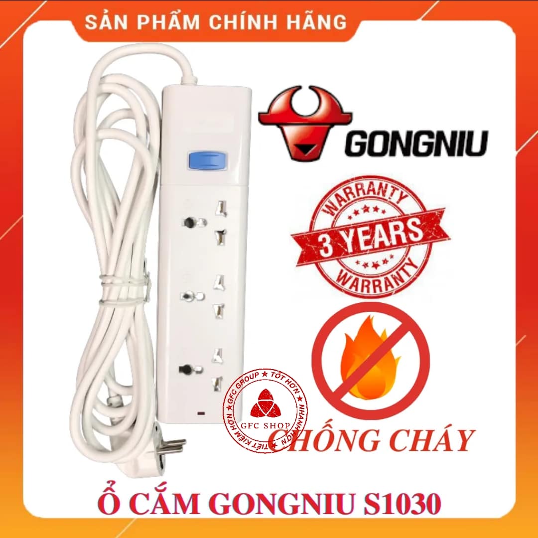 Ổ Cắm Điện Gongniu S1030 – 3 Ổ đa năng 1 Công Tắc - Dây 3m hoặc 5m - Công Suất 10A-250-2500W