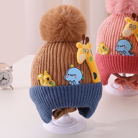 Mũ len quả bông hình thaú đáng yêu, mũ chùm tai lót nỉ ấm áp có dây buộc cho bé từ 1-4 tuổi