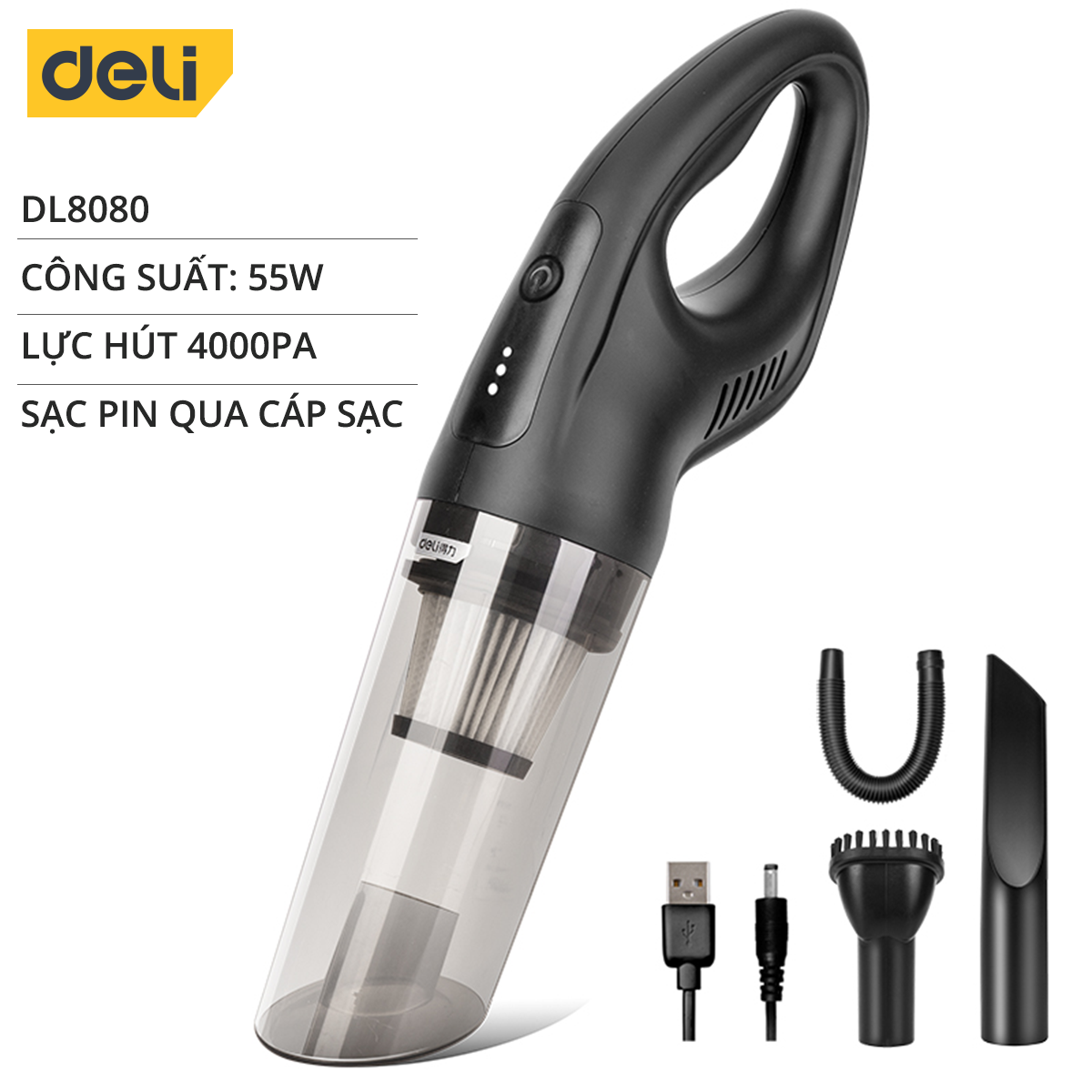 Máy Hút Bụi Cầm Tay Mini Không Dây Deli - Làm Sạch Cho Ô Tô, Đồ Dùng Trong Gia Đình - Vaccum Cleaner Nhỏ Gọn, Dễ Sử Dụng DL8080 / DL8081