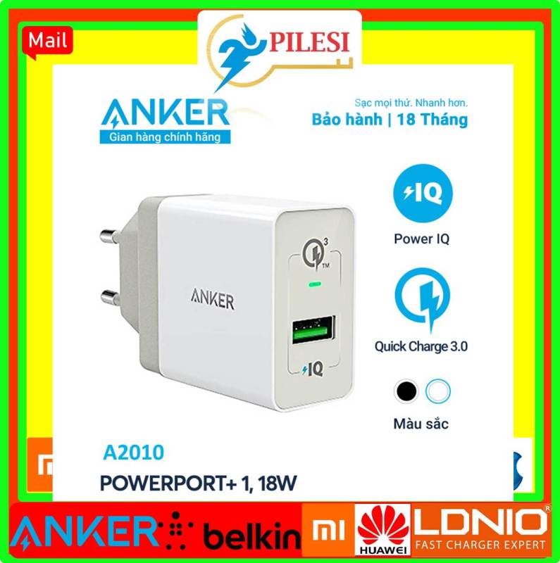 Sạc ANKER PowerPort+ 1 cổng 18w Quick Charge 3.0 có PowerIQ - A2010 tray không box