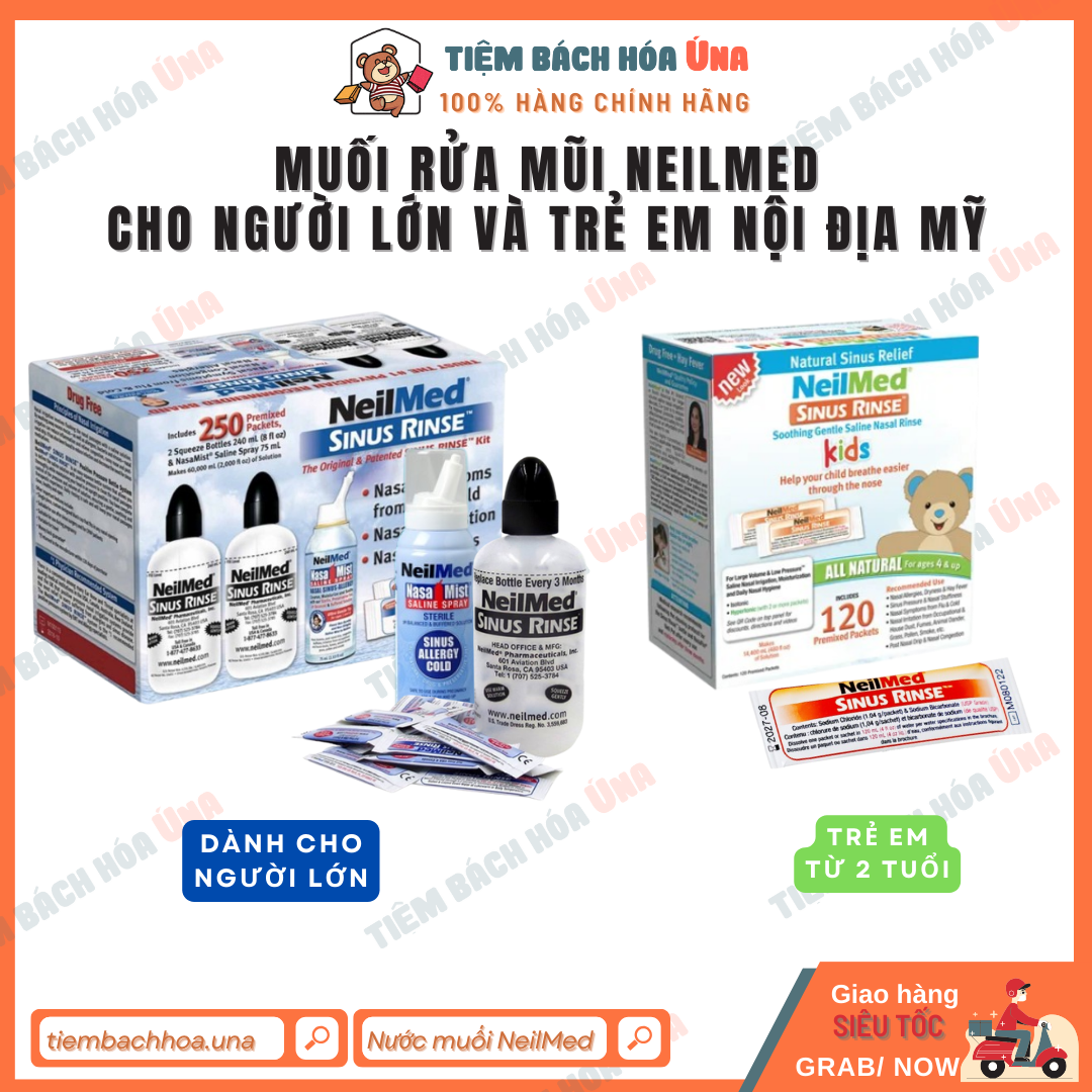 Bình rửa mũi 240ml kèm 10 30 50 gói muối người lớn và trẻ em neilmed nội địa mỹ