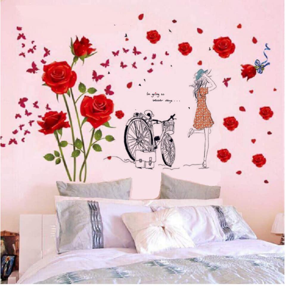 Decal dán tường hoa hồng nhung đỏ và cô gái xe đạp