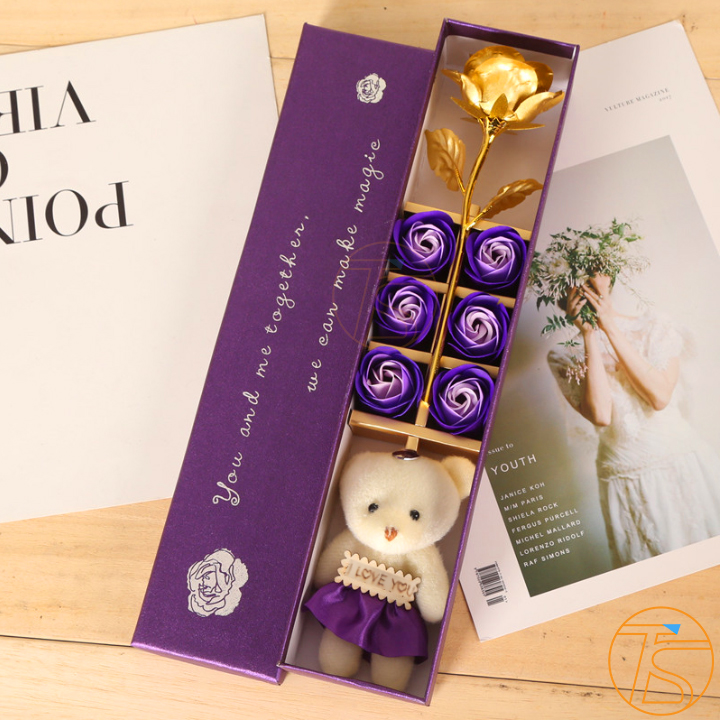 Hộp quà 6 bông hồng sáp kèm gấu cho lễ quốc tế phụ nữ 8/3 - Hộp đựng quà tặng ngày lễ tình yêu sinh nhật quà cưới happy birthday - Quà 20/10 - Quà 14/2 - Quà valentine - Quà noel - Quà kỷ niệm ngày cưới