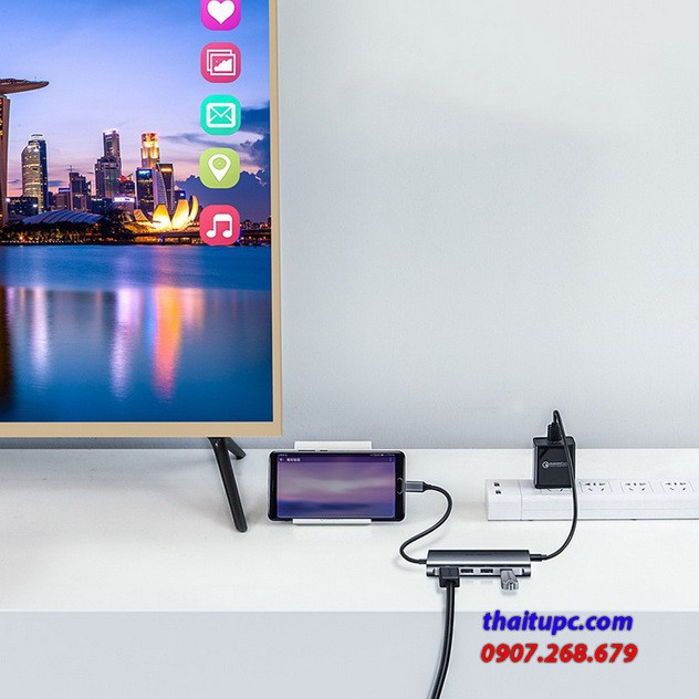 Cáp đa năng USB C to HDMI+USB 3.0+LAN 1Gbps+Card Reader Ugreen 50516