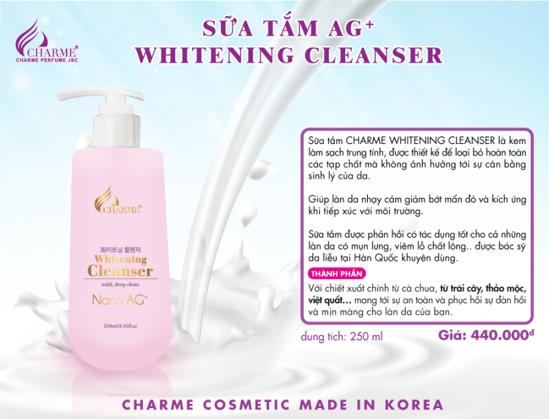 SỮA TẮM  trắng da AG+ WHITENING CLEANSER HÀN QUỐC (tặng ống nước hoa mini) nhập khẩu