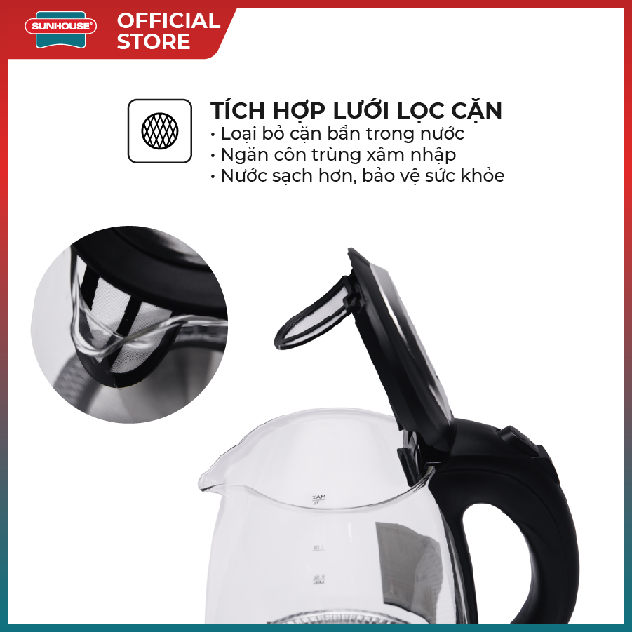 Ấm siêu tốc thủy tinh Sunhouse SHD1217 1.7L (Trong suốt)