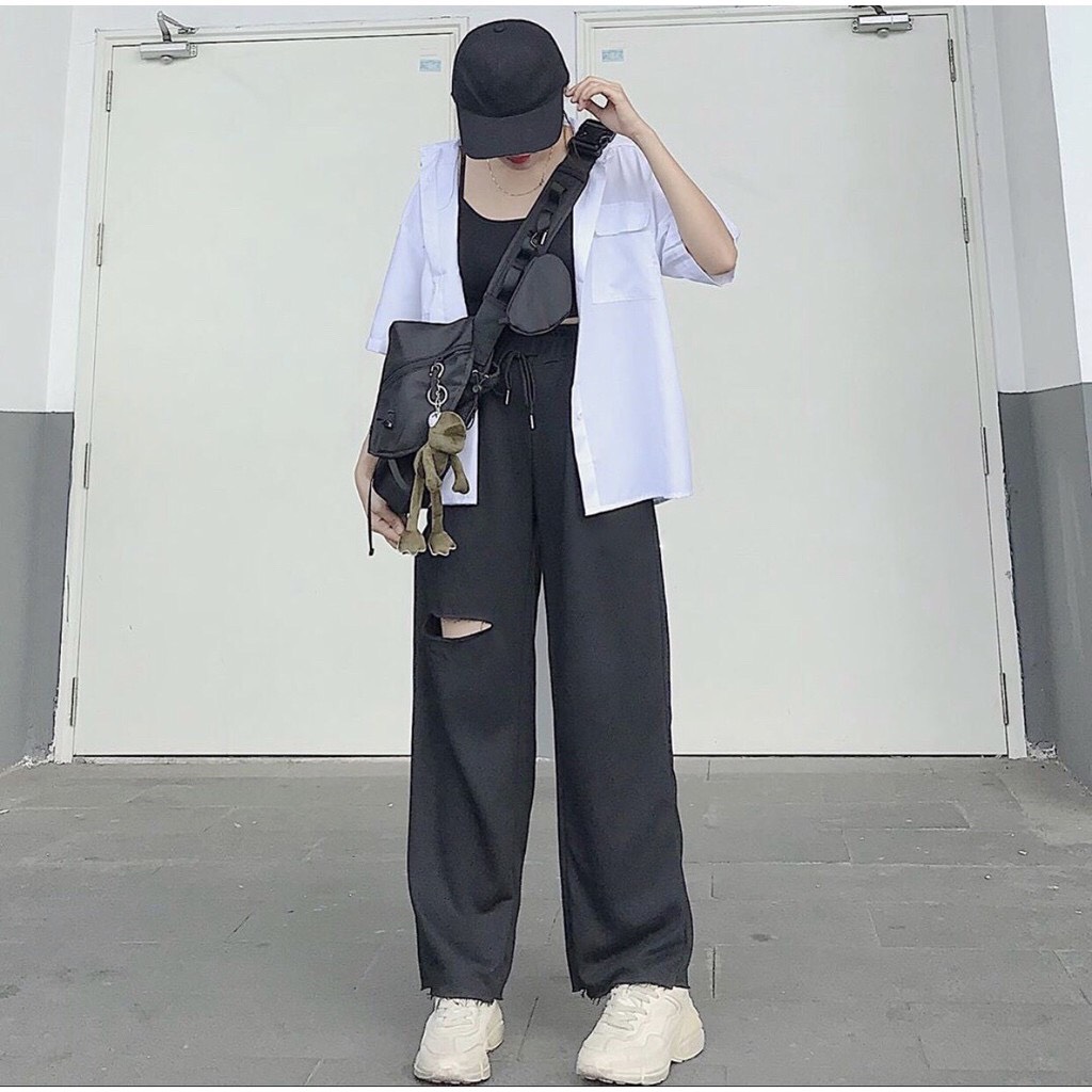 [HCM]Quần Nỉ Ống Rộng Lưng Cao Rách Gối La Tưa URI hot Quần Baggy Cạp Cao Thun Dài Rách Đùi Unisex ULZZANG ( kèm video) - thoitrangmoi79