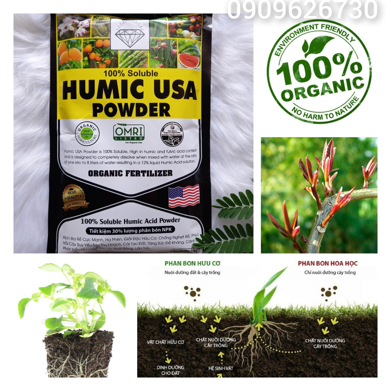 (combo 5 gói ) Humic USA (Phân Hữu Cơ Kích Thích Ra Rễ 1 Kg) dạng bột mịn tan hoàn toàn