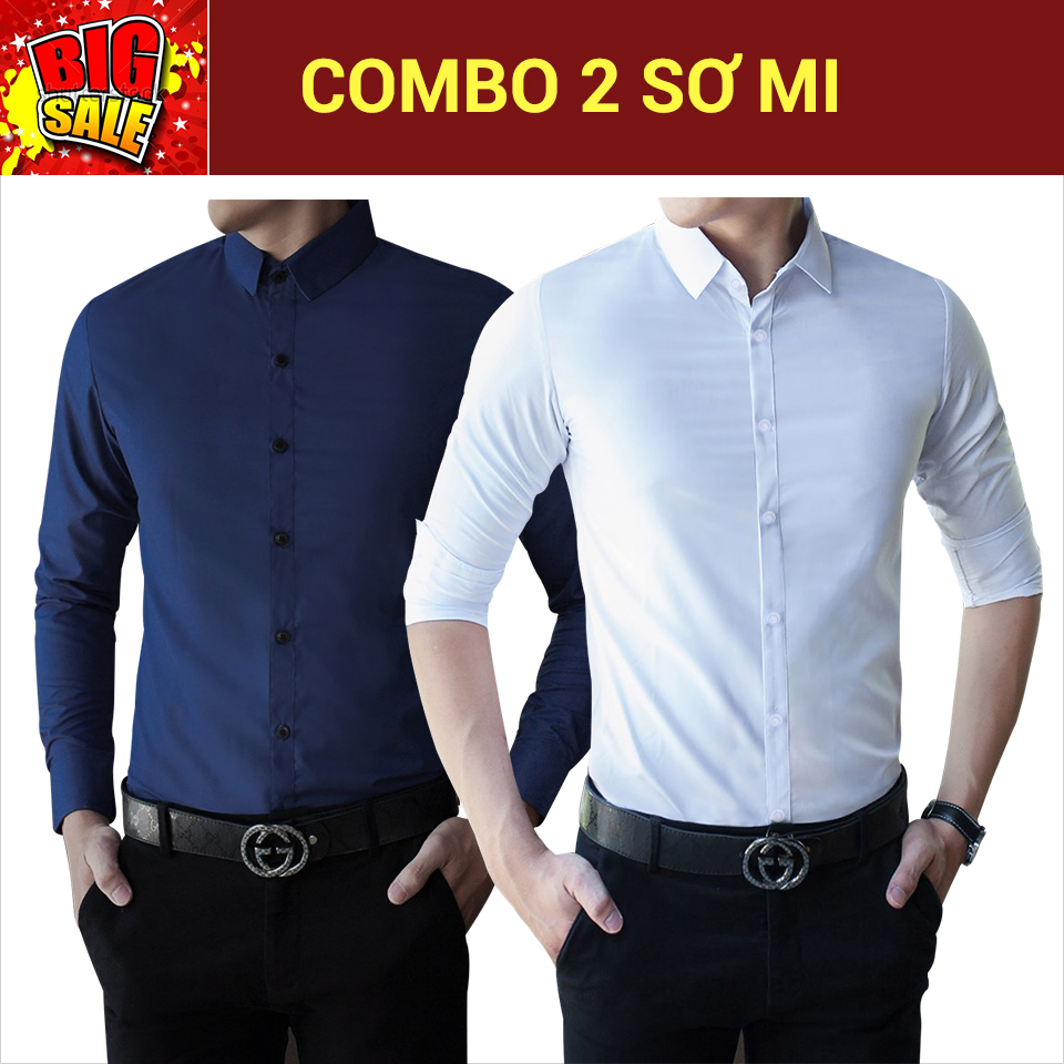 Sơ mi nam bộ COMBO 2 sơ mi (xanh đậm + trắng) cực chất