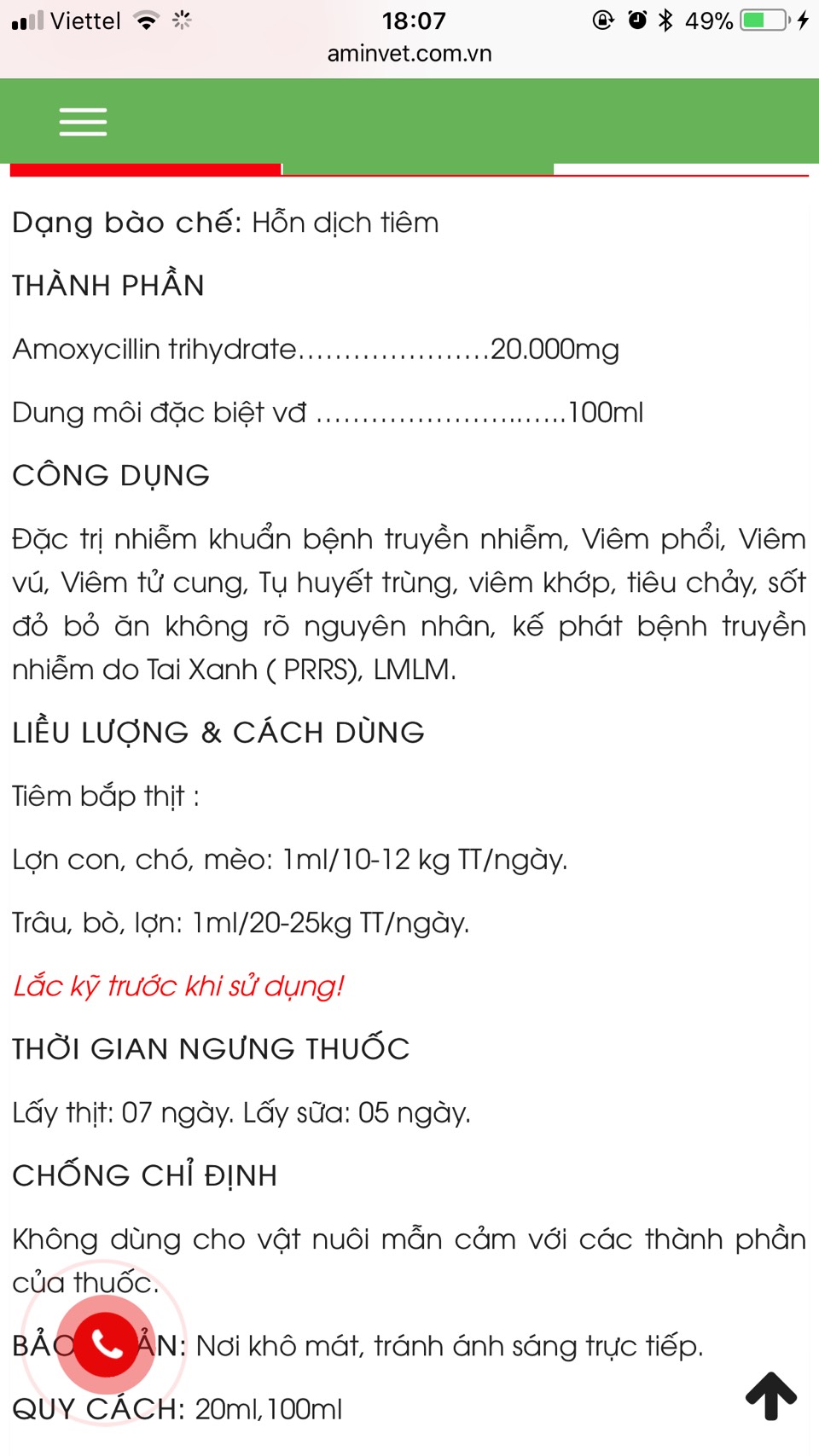 Amox 20% aminvet (100ml) chỉ dùng trong thú y