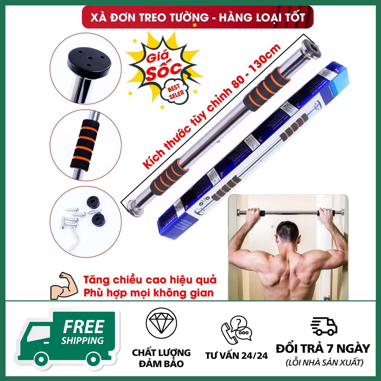 Xà Đơn Gắn Cửa Treo Tường, Xà Đơn Treo Tường Kích Thước 60 - 100 Cm, Xà 80 - 130 Cm, Xà Đơn Có Thể Thay Đổi Chiều Dài
