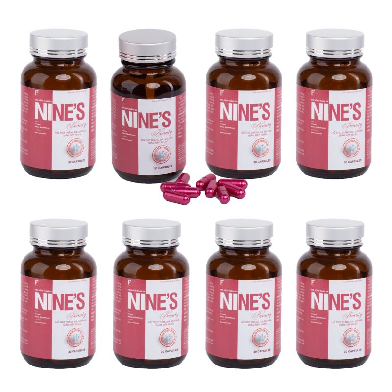Combo 8 Hộp Viên uống trắng da Nines Beauty 30 viên Giúp trắng da Toàn Thân, Hỗ trợ trị Nám Tàn Nhang, Giảm Nếp Nhăn, Tăng Cường Nội Tiết Tố Nữ, Chống Lão Hóa, Tăng sức đề kháng, hỗ trợ tăng cường chức năng gan, tuần hoàn máu, ngăn ng