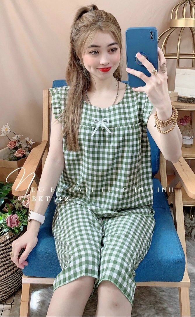 Đồ bộ mặc nhà kate lụa caro dễ thương