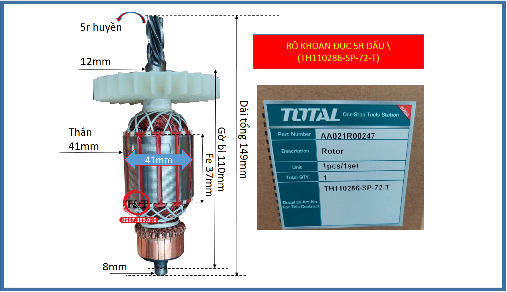 Rô to khoan đục total mã th110286-sp-72-t, 110286, ruột 14 ly total th110286. dùng chung cho kaizen 626a.