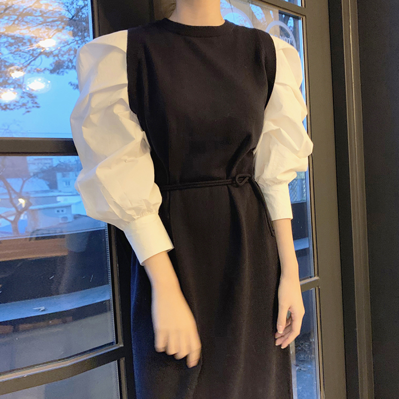 Hàn Quốc Chic Đơn Giản Dễ Phối Cổ Tròn Phối Màu Dây Quai Bó Eo Ghép Mảnh Hai Dệt Kim Tay Áo Bồng Đầm Nữ